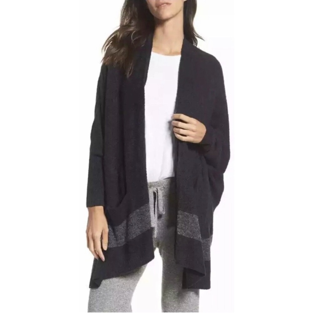 Barefoot Dreams CozyChic Lite Cliffside Cardigan OS Black Graphite Knit Sweater